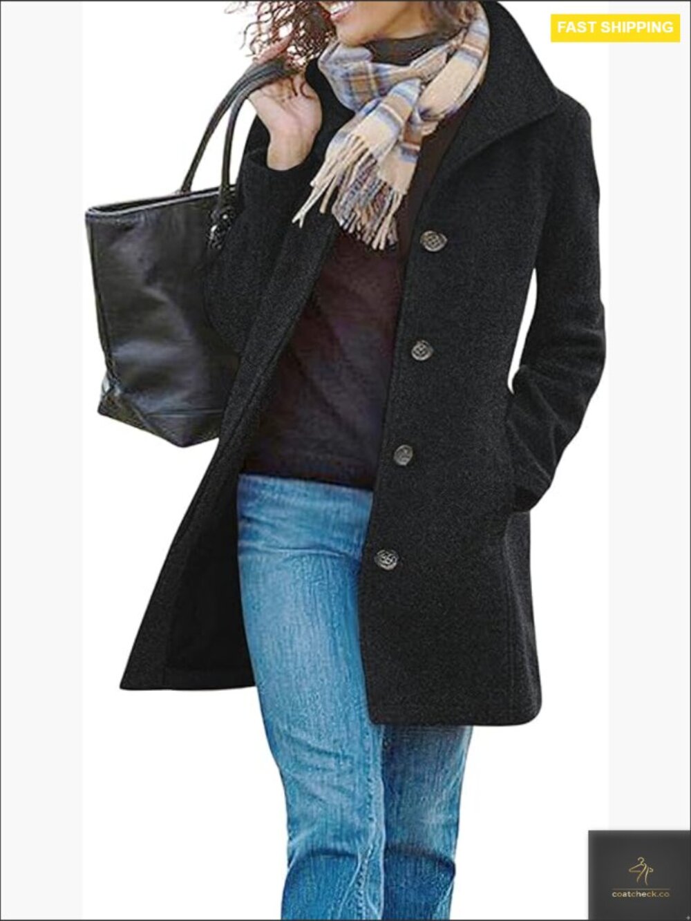 Classic Wool Blend Pea Coat Stand Collar Single Breasted Elegant Winter Outwear